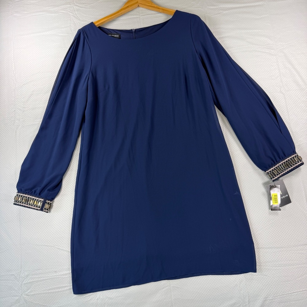 IN Studio Womens Size 14 Blue Shift Dress Long Split Sleeve Embellished Cuff